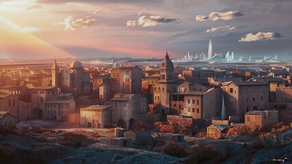 Un superbe rendu 3D d'une ville médiévale au coucher du soleil. Au loin, un paysage urbain futuriste émerge 