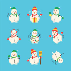 Snowman collection for Christmas and winter. Cheerful snowmen in different costumes. Set of characters cartoon in flat design. Vector illustration