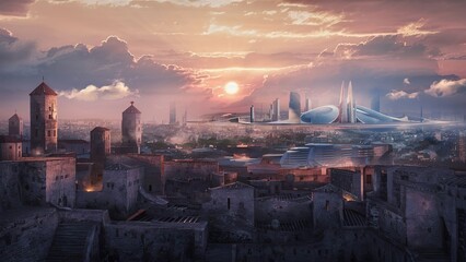 Un superbe rendu 3D d'une ville médiévale au coucher du soleil. Au loin, un paysage urbain futuriste émerge  - obrazy, fototapety, plakaty