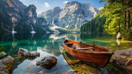 Great view of the mighty rock above peaceful alpine lake Braies (Pragser Wildsee). Location Dolomiti Alps, National park Fanes-Sennes-Braies, Italy, Europe. Photo wallpaper. The beauty of the Earth. - obrazy, fototapety, plakaty