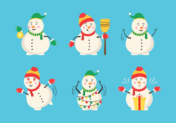 Snowman collection for Christmas and winter. Cheerful snowmen in different costumes. Set of characters cartoon in flat design. Vector illustration