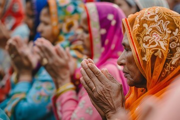 Group of women wearing vibrant saris clapping and showing appreciation - obrazy, fototapety, plakaty