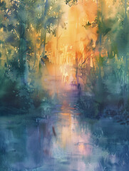 Impressionist watercolor of a fleeting nature moment, brush strokes capturing the ephemeral light at dawn