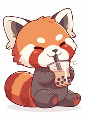 Kawaii illustrated Red Panda Bear drinking Boba Tea Bubble Tea / Japanese Neko Anime Illustration of a cute Pet loving Boba Tea