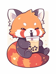 Kawaii illustrated Red Panda Bear drinking Boba Tea Bubble Tea / Japanese Neko Anime Illustration of a cute Pet loving Boba Tea