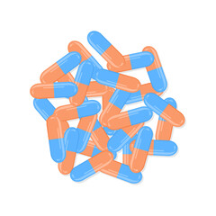 Pile of orange and blue capsules isolated on a white background, top view. Flat vector illustration
