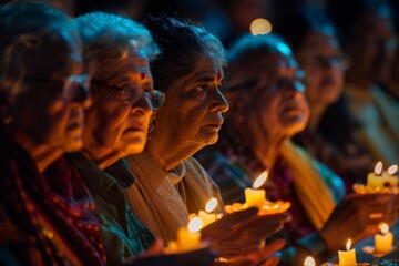 A group of individuals holding candles in their hands at a religious event during an evening prayer vigil - obrazy, fototapety, plakaty