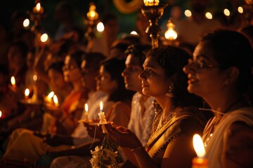A group of worshippers holding candles gathered for an evening prayer vigil at a sacred site - obrazy, fototapety, plakaty