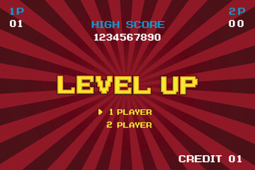 Fototapeta premium LEVEL UP. 1 player .pixel art .8 bit game. retro game. for game assets in vector illustrations on theater billboard.