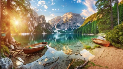 Great view of the mighty rock above peaceful alpine lake Braies (Pragser Wildsee). Location Dolomiti Alps, National park Fanes-Sennes-Braies, Italy, Europe. Photo wallpaper. The beauty of the Earth. - obrazy, fototapety, plakaty