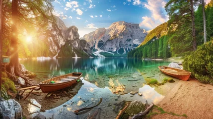 Foto op Canvas Great view of the mighty rock above peaceful alpine lake Braies (Pragser Wildsee). Location Dolomiti Alps, National park Fanes-Sennes-Braies, Italy, Europe. Photo wallpaper. The beauty of the Earth. © Nicat