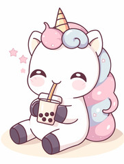 Kawaii illustrated Unicorn drinking Boba Tea Bubble Tea / Japanese Neko Anime Illustration of a cute Pet loving Boba Tea