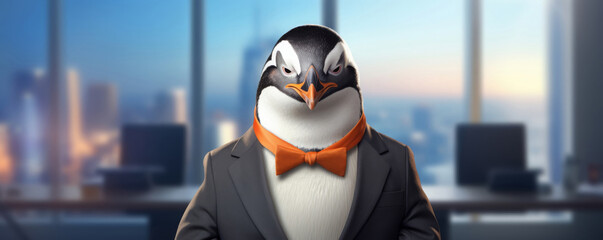 A penguin dressed as a financial advisor, giving a presentation on the benefits of investing in digital currencies, with human-like confidence and clarity