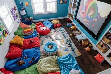 A childs bedroom featuring a bed and a television set