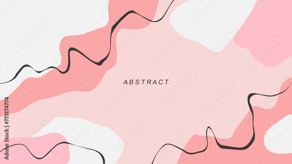 Poster abstract background with various curved pink colored shapes and black lines for creative graphic des