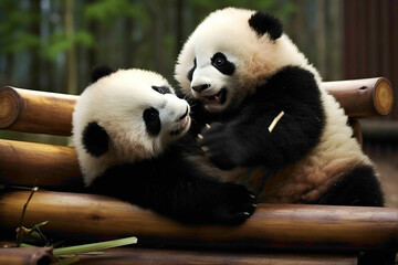 A pair of fluffy baby pandas tumbling and wrestling with each other on a dark bamboo mat.