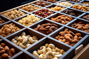 Various nuts in wooden boxes in rows. - obrazy, fototapety, plakaty