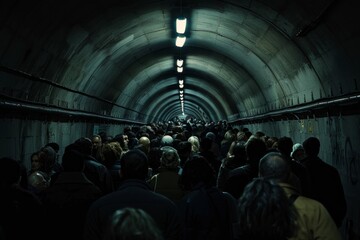 A crowd of people walking through a dimly lit tunnel, moving in unison - obrazy, fototapety, plakaty