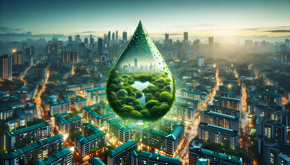 Green Urban Oasis A drop showcasing urban sustainability with green rooftops. in close-up water drop  theme ,Full depth of field, clean bright tone, high quality ,include copy space, No noise, creativ - obrazy, fototapety, plakaty