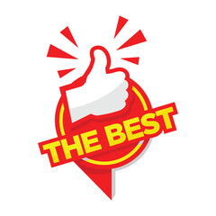 The Best. Red advertising sticker with thumb up. Vector on transparent background