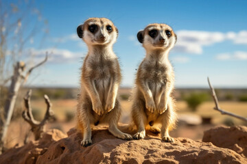 A pair of curious meerkat pups standing upright, their attentive gazes surveying the surrounding...