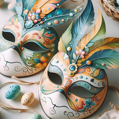 Photo real for Capturing the whimsical charm of hand-painted watercolor Easter masks Close-up shots highlighting the playful designs and festive colors of handmade watercolor Easter masks in easter da