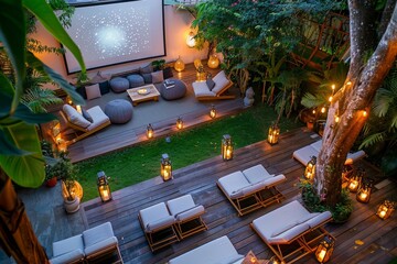 A backyard with numerous chairs and lights arranged for outdoor movie nights