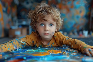 Child completely covered in paint during art class