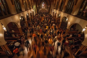 Overhead view of a crowd of people forming a procession as they walk down a hall