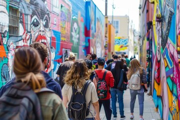 A group of individuals walking along a street next to a colorful wall filled with graffiti