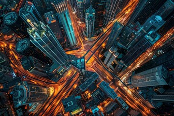 A high-angle view of a sprawling urban metropolis at night, showcasing multiple intersections and thoroughfares illuminated by city lights - obrazy, fototapety, plakaty