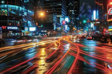 A city street filled with lots of traffic at night, showcasing the urban nightlife and movement of vehicles in a wide-angle view - obrazy, fototapety, plakaty