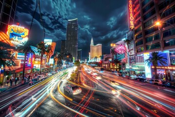 A wide-angle view of a bustling city intersection at night, with streams of traffic creating a chaotic scene - obrazy, fototapety, plakaty