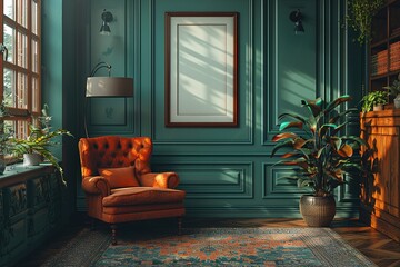 Classic armchair near paneling wall with empty poster, copy space picture