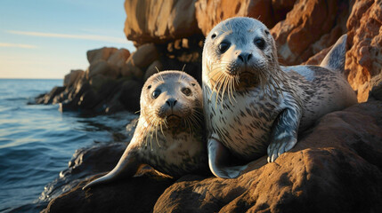 A pair of baby seals resting on a rocky shore, their soft fur and soulful eyes conveying a sense of serenity in a coastal wildlife setting.