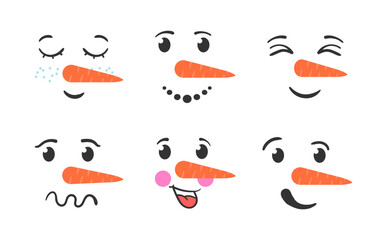 Set of funny snowman faces isolated on a white background. Cartoon funny doodle snowman head face with different emotions. Winter holidays, Christmas and New Year. Vector illustration