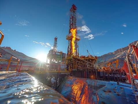 A team of workers operates a drilling rig beside the towering oil derrick, their coordinated efforts visible as they work together to extract oil from deep beneath the earth's surface