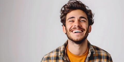 Cheerful young man with curly hair and beard laughing heartily at his own humorous joke while standing against a white studio background - obrazy, fototapety, plakaty