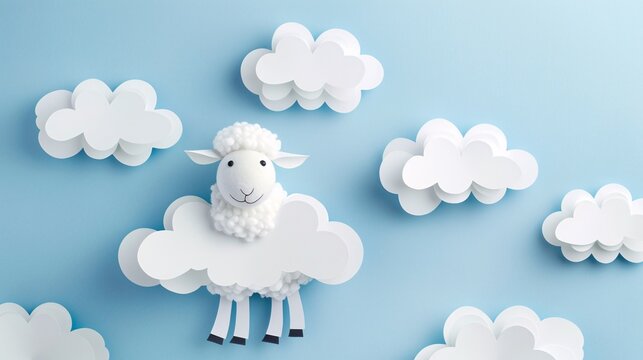 A minimalist cloud paper art illustration featuring a cute sheep, with space for text. Delightful and simple