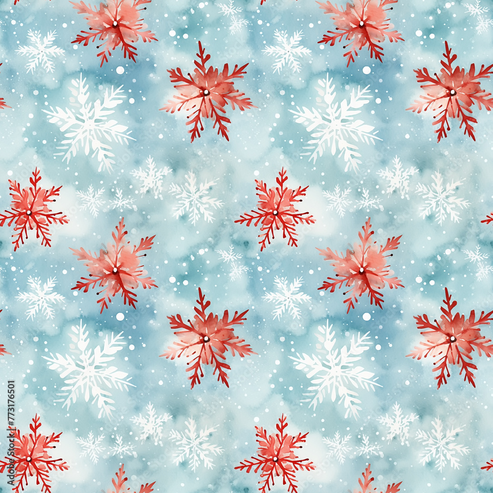 Wall mural Watercolor seamless pattern with snowflakes on light blue background. - Wall murals