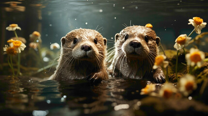 A pair of baby otters holding hands while floating on their backs in a crystal-clear stream, radiating pure charm and aquatic playfulness. - obrazy, fototapety, plakaty