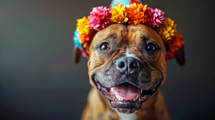 Portrait of a cute dog in a birthday hat on a blurred background