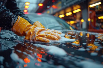 Close up shot of a Hand washing a car with microfiber cloth