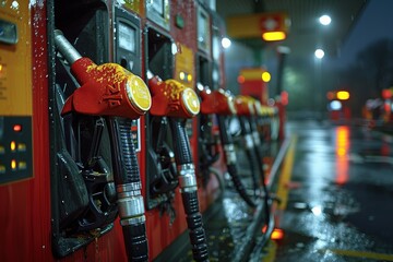 Fuel pumps at gas station close up shot, diesel and petrol pumps - obrazy, fototapety, plakaty