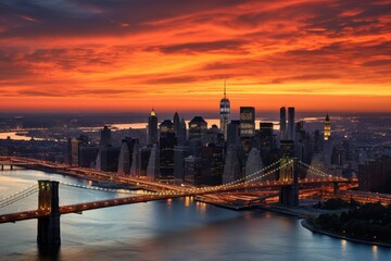 Fototapeta premium City skyline at sunset with skyscrapers and river Aerial views of the town Skyline, Ai generated