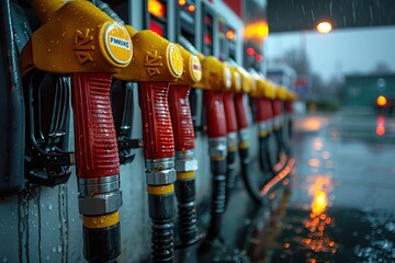 Fuel pumps on gas station close up shot - obrazy, fototapety, plakaty