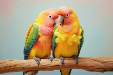 A pair of adorable lovebirds, their colorful plumage creating a delightful contrast against a soft pastel background, as they engage in a playful interaction on a charming wooden perch.