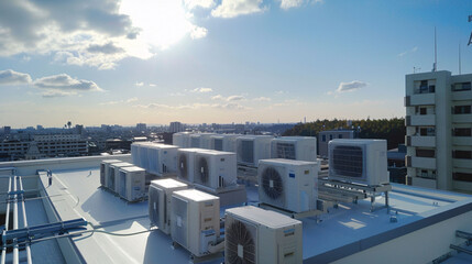 many external air conditioning units on the roof of the building - obrazy, fototapety, plakaty