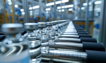 Obraz premium Rows of vaccine vials moving along a production line in a high-tech pharmaceutical facility, soft focus on the leading vial symbolizing the journey from research to public health