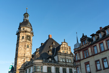 Renaissance facade of the Altenburg town hall in Thuringia. One of the most important Renaissance town halls in Germany. Decorated half-timbered house on the Altenburg market. - obrazy, fototapety, plakaty